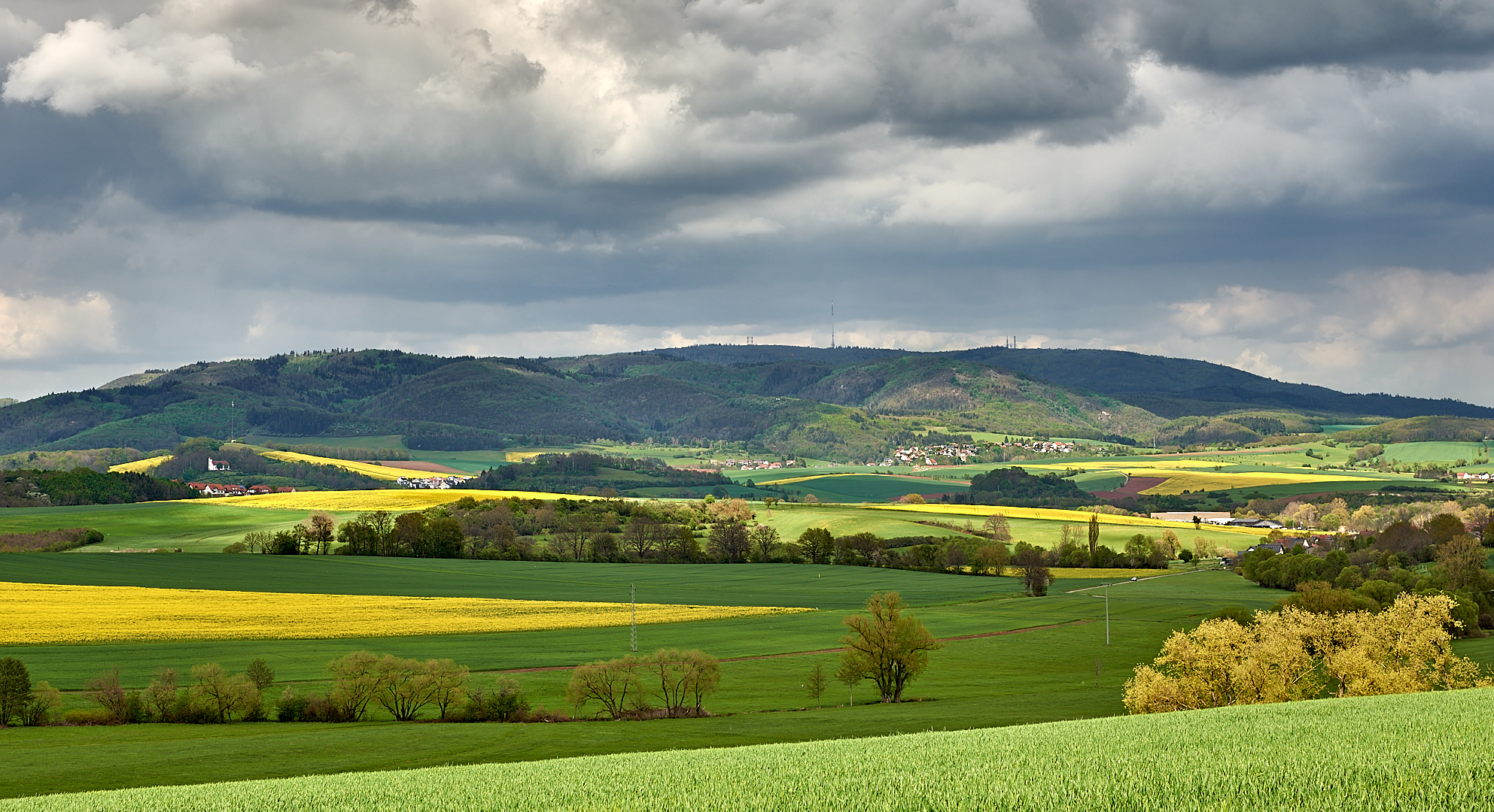 Frühlingsfarben mit Licht-Schattenspiel vor dem 687 m hohen Donnersberg im Hintergrund.