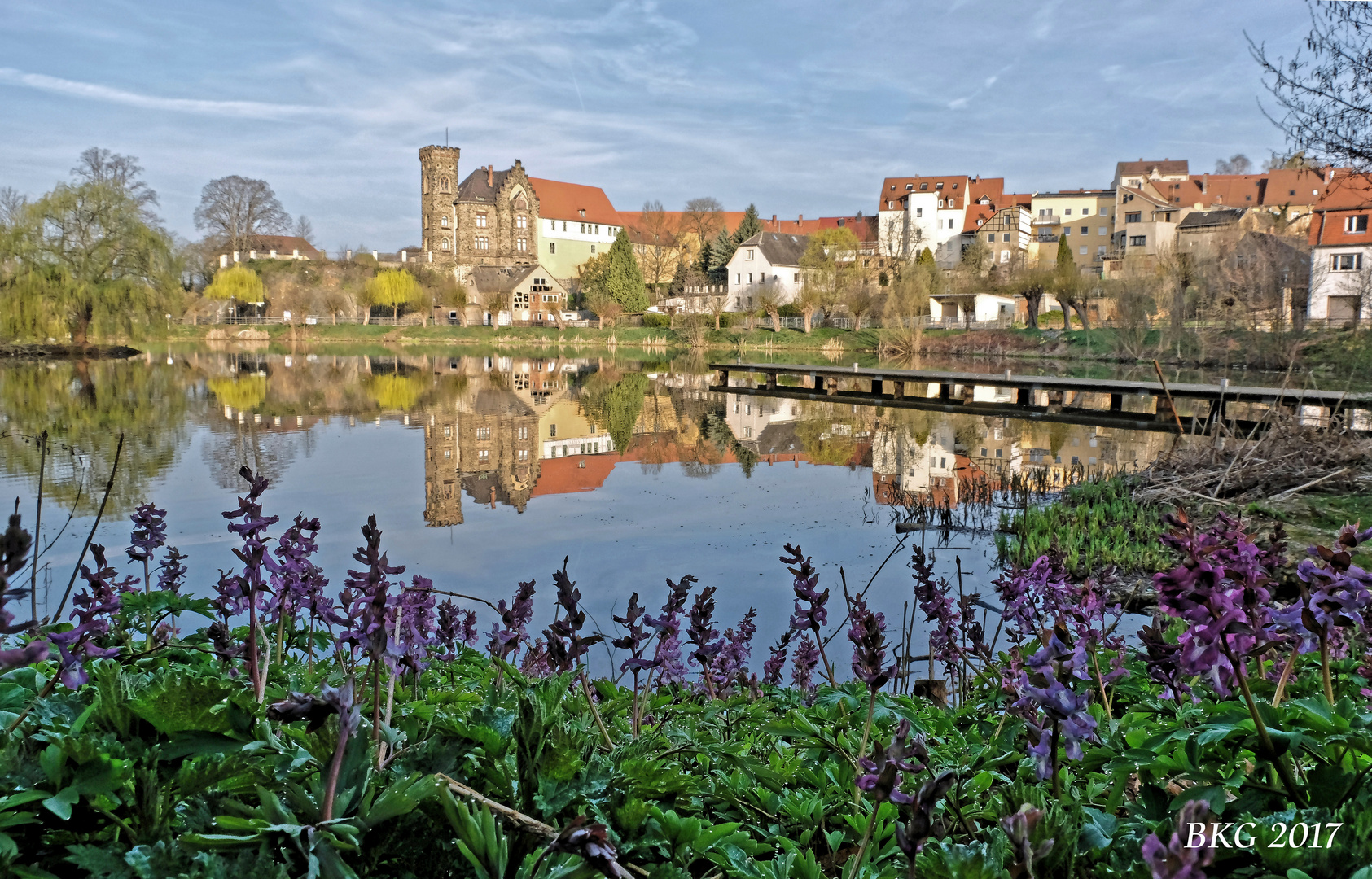 Frühlingsmorgen Baderteich Ronneburg mit Lichtspiegelung 