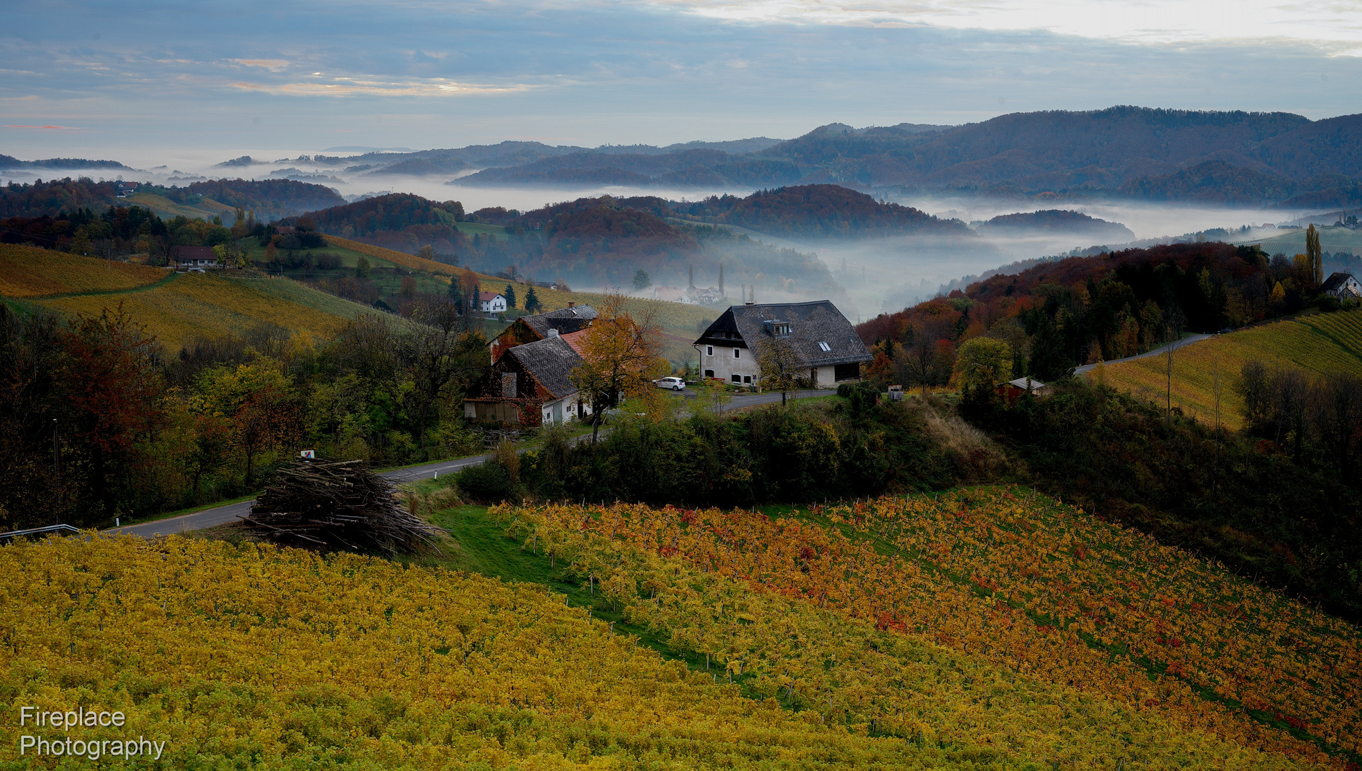 Frühnebel gerade vor Sonnenaufgang in der Südsteiermark