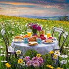 Frühstückstisch auf einer Blumenwiese