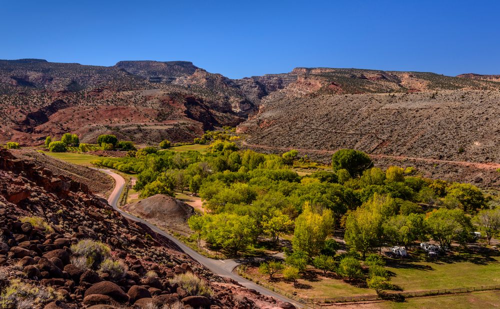 Fruita Campground mit Fremont Gorge, Capitol Reef NP, Utah, USA