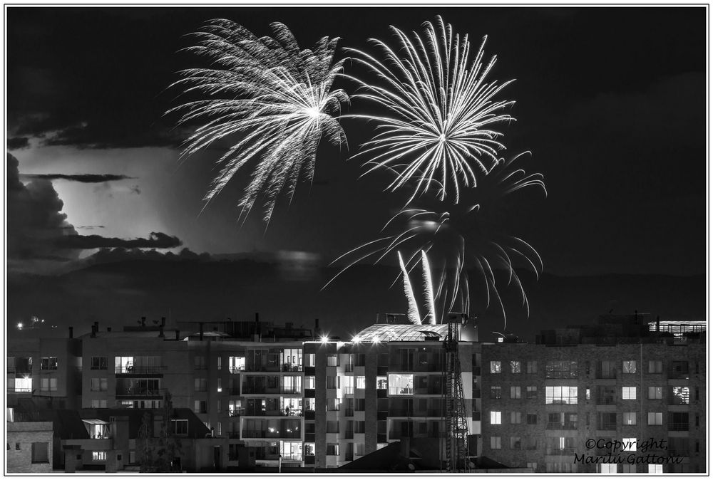 FUEGOS ARTIFICIALES EN BLANCO Y NEGRO.