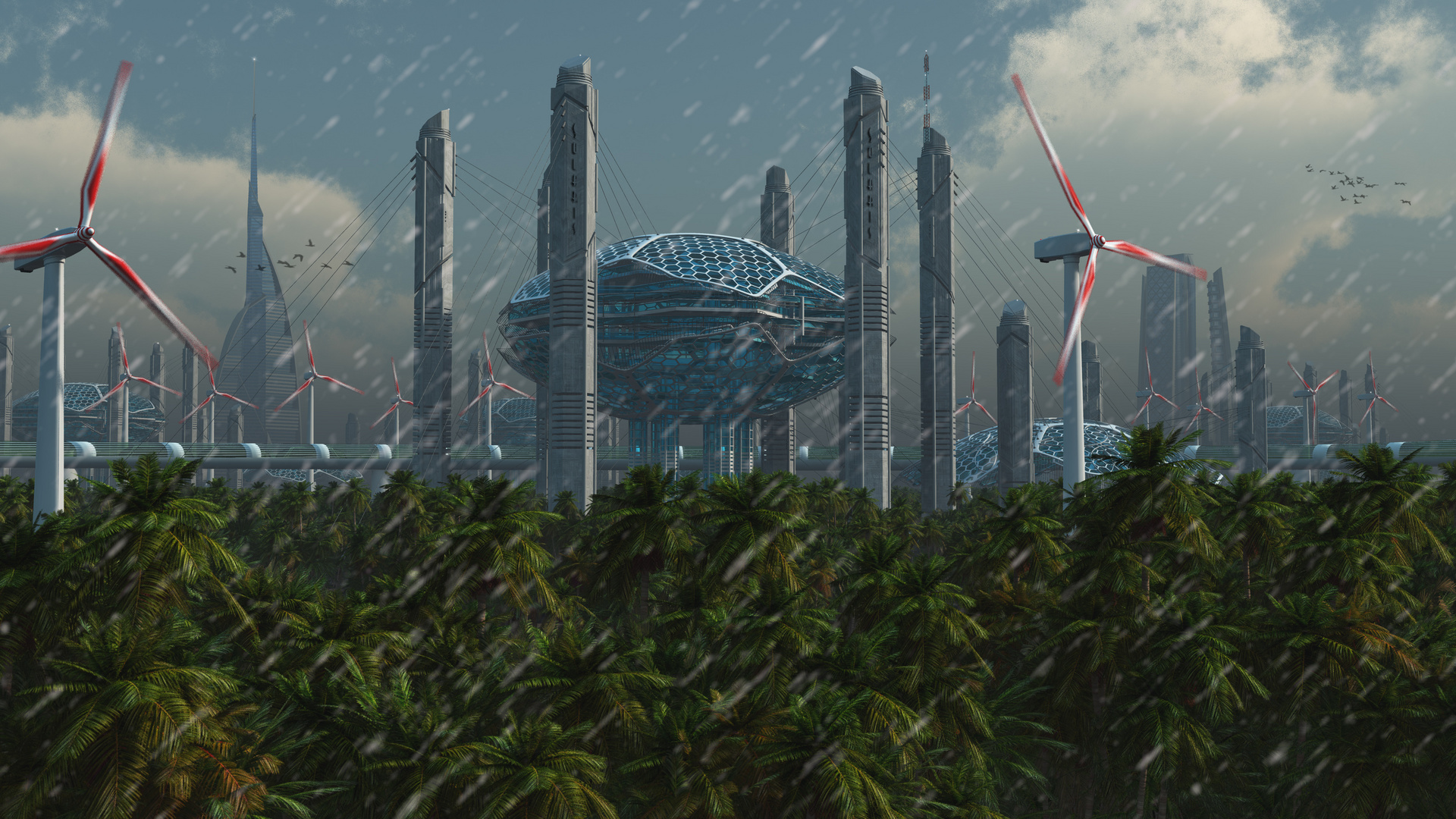 Futuristic City in rain