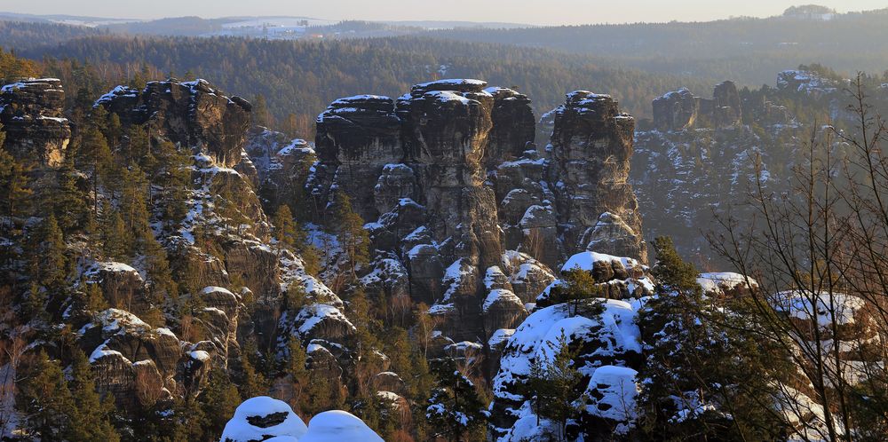 "Gänse" und andere Felsen der Bastei im Winterkleid
