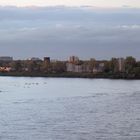 Gänses sind fliegen vor dem Mühlheimer Brücke.