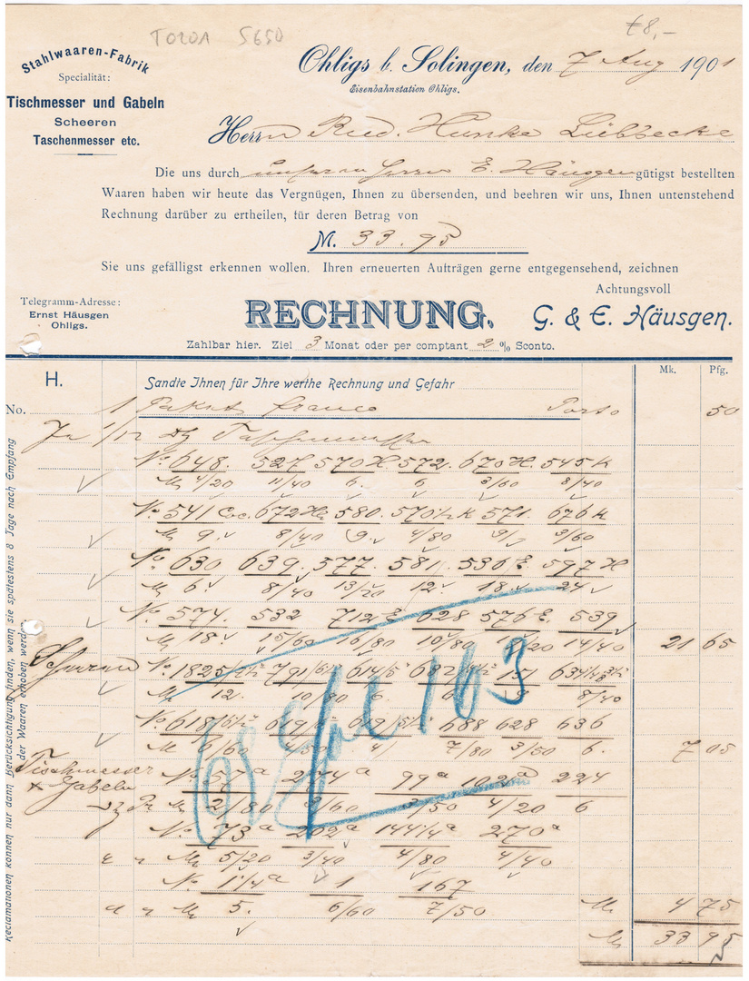 G.&amp;E. Häusgen Ohligs bei Solingen, Rechnung 7.Aug.1901