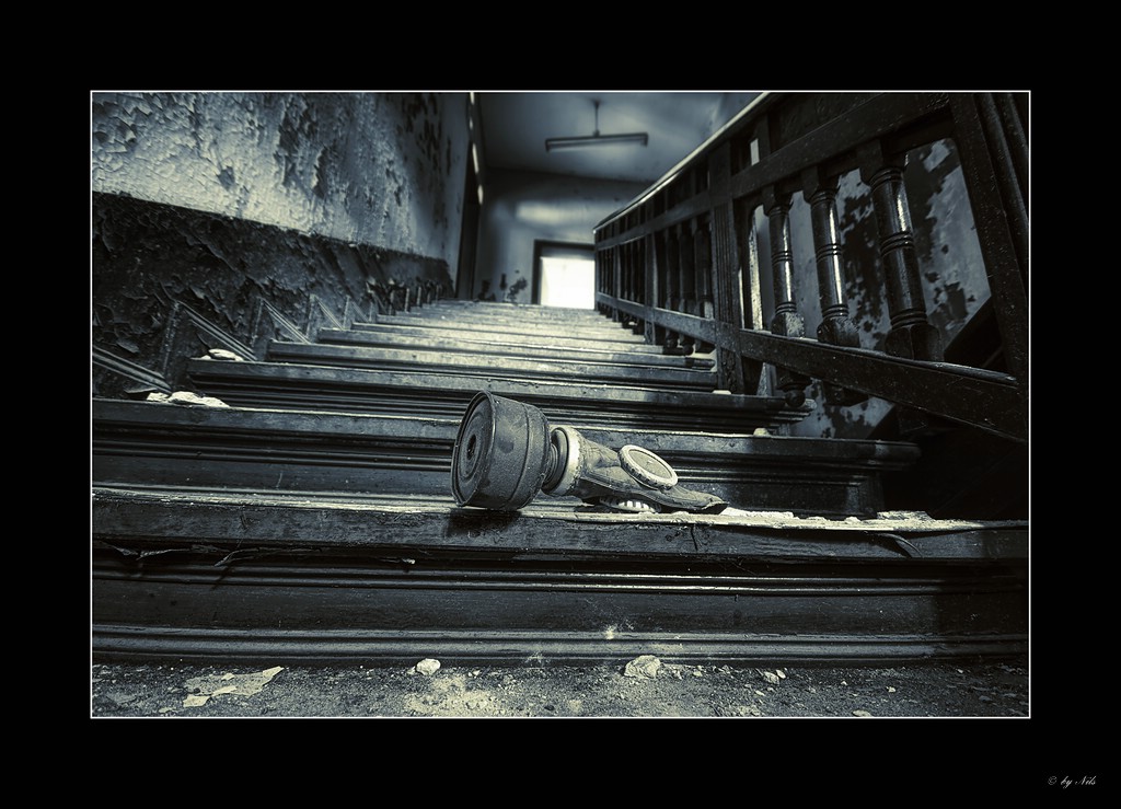 Gas mask on stairs