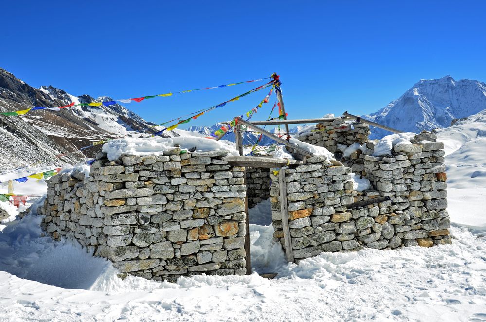 Gebetsfahnen am höchsten Punkt des Larke Passes 