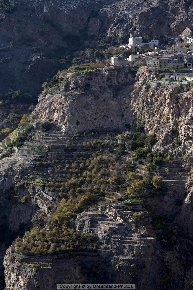 Gebiegsdörfer mit hunderten von Terrassenfeldern entlang der Schlucht auf dem Sayq-Hochplateau