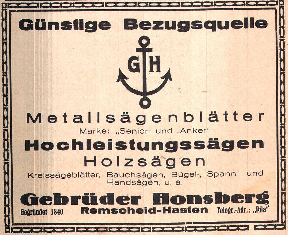 Gebr. honsberg Anzeige 1928