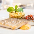 Gebratener Loup de mer mit Couscous-Salat, Tomaten-Olivensalsa und Süßkartoffelmousse