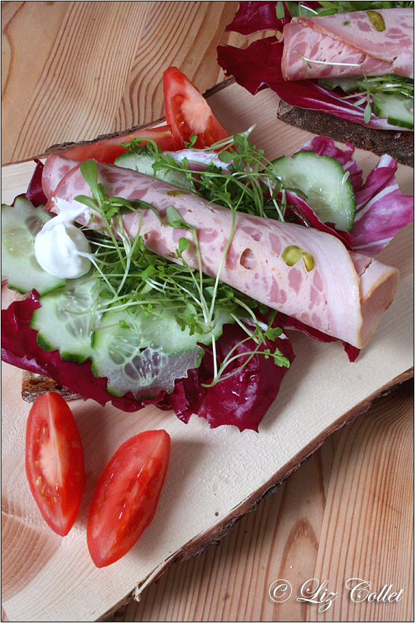 Gefuellter Schweinebauch auf Brot mit Kresse und Salat 