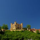 Gelbe Burg auf grünem Berg vor blauem Himmel