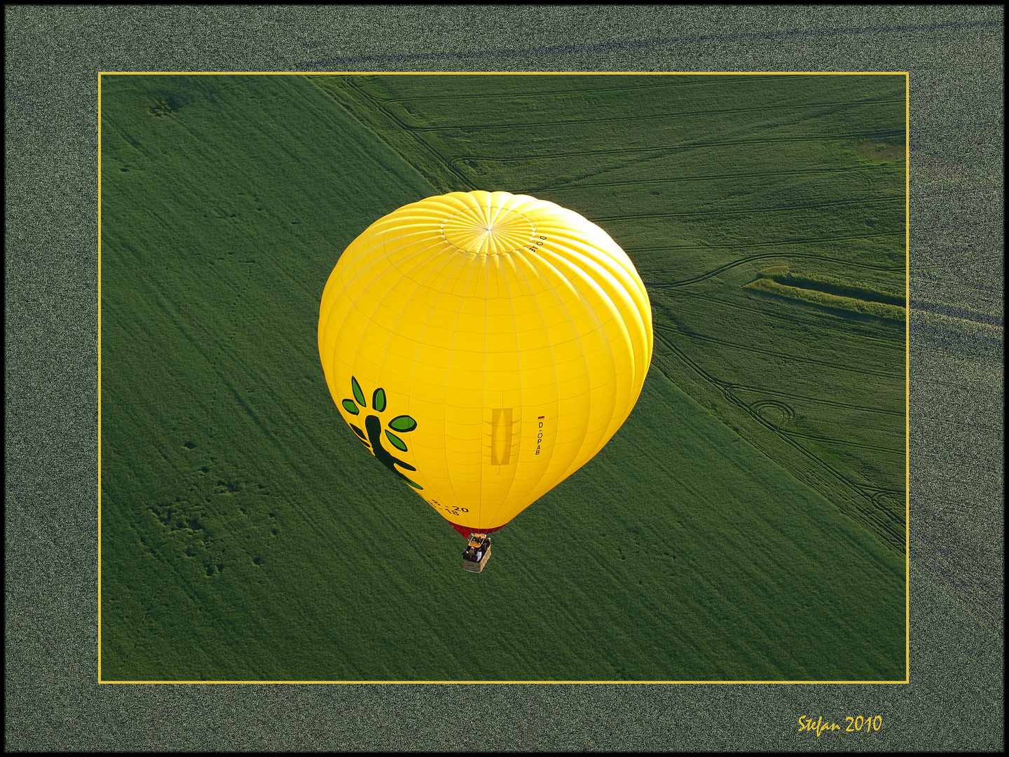 gelber Ballon über grünem Feld