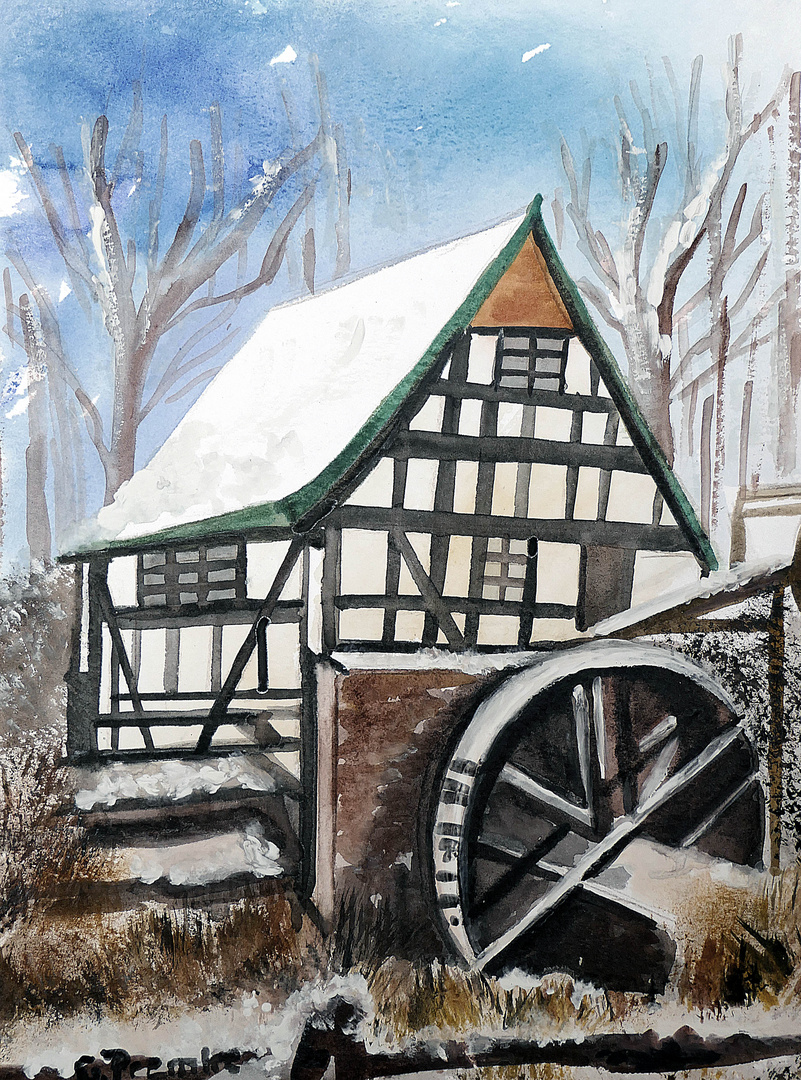 Gemälde 2020 Wassermühle Bad Essen im Winter 2