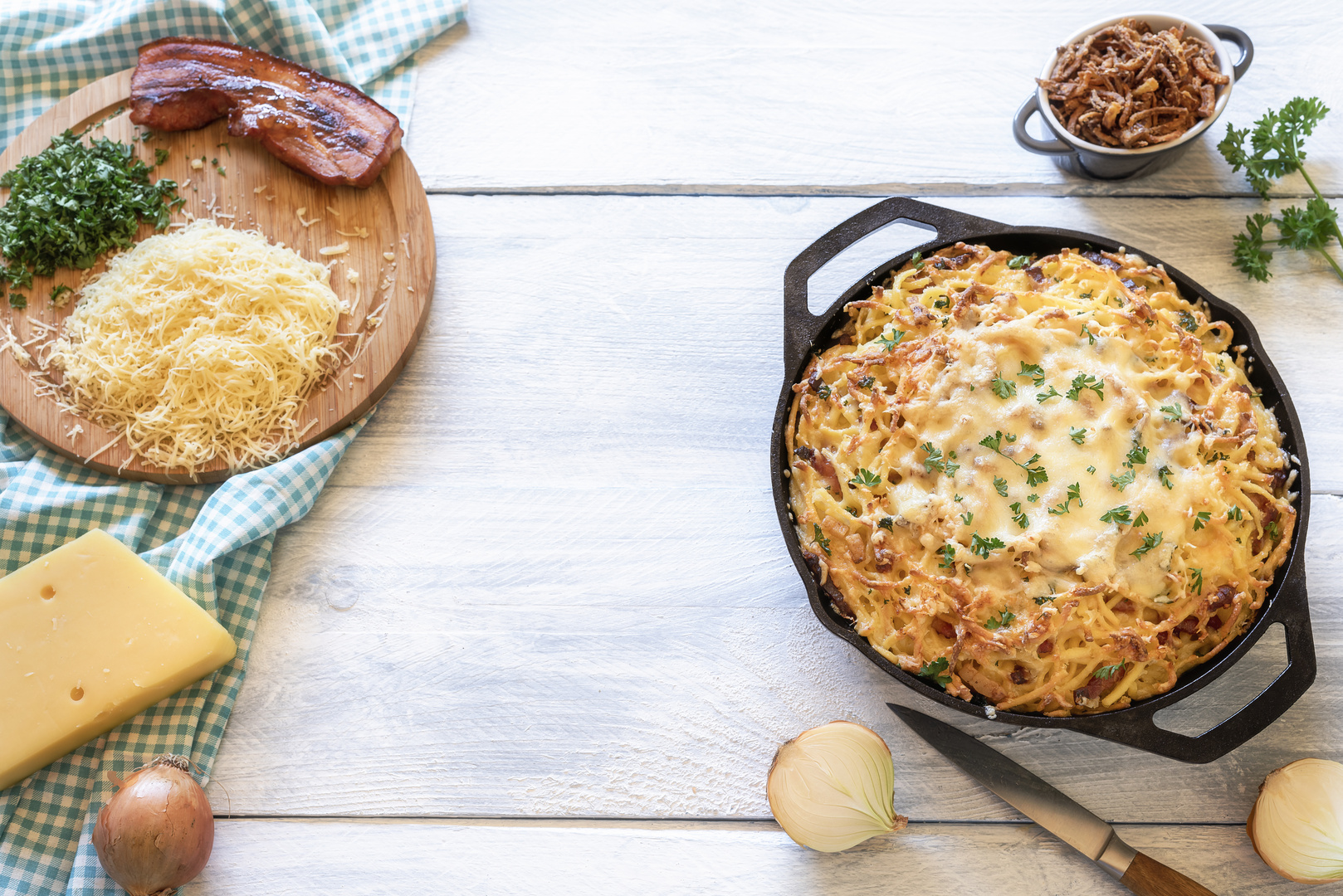 German cheese pasta dish and ingredients. Homemade food