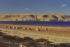 German tourist group camp at the lake side