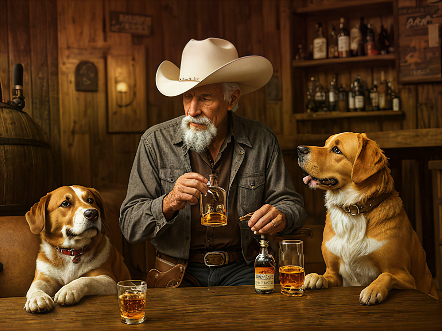 Geselliges Stilleben: Ein Mann, seine Hunde und sein Whiskey