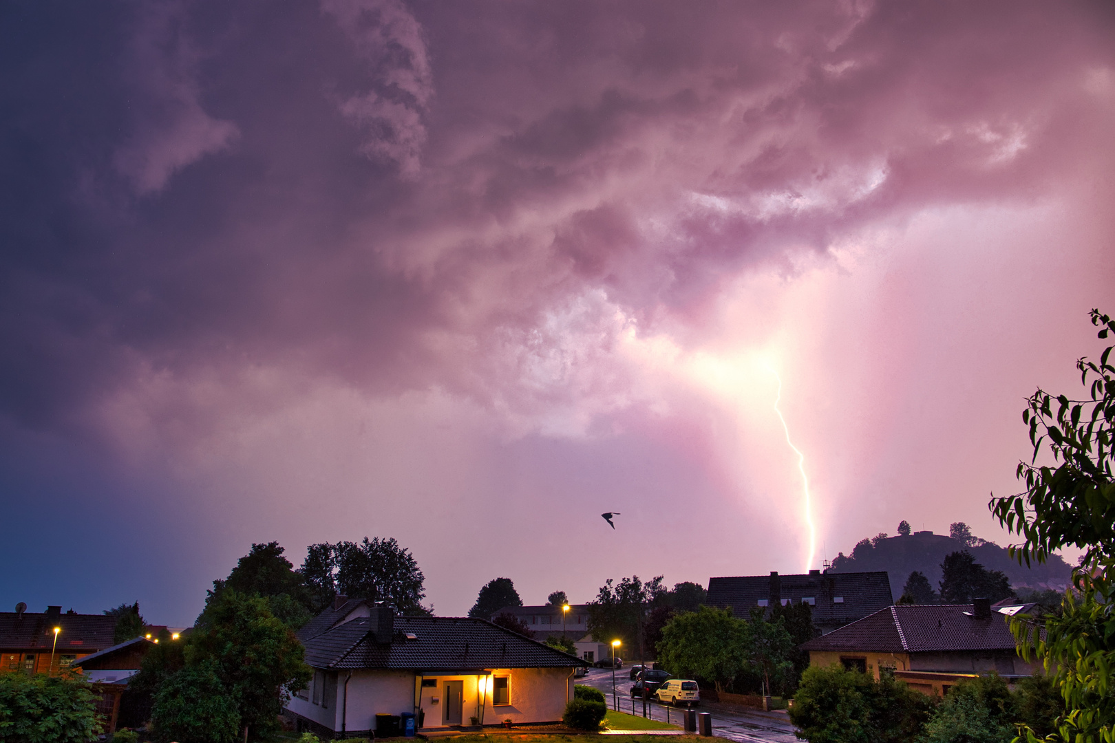 Gewitterwolke mit Blitz und einer Fledermaus.