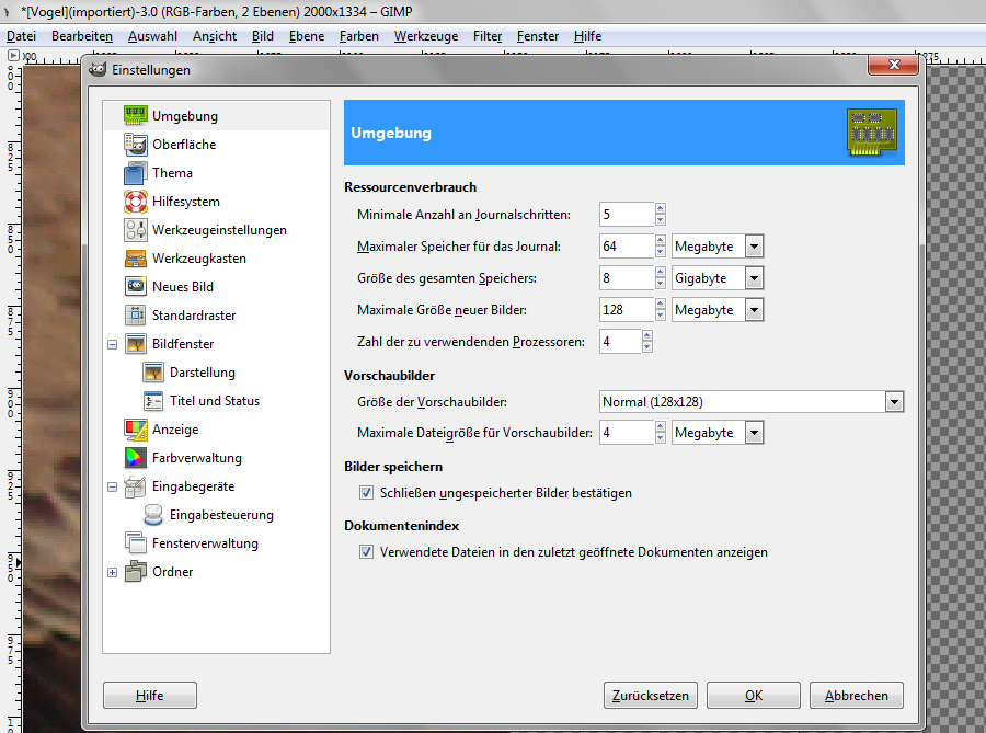 GIMP - Zuordnung der Speichergröße etc