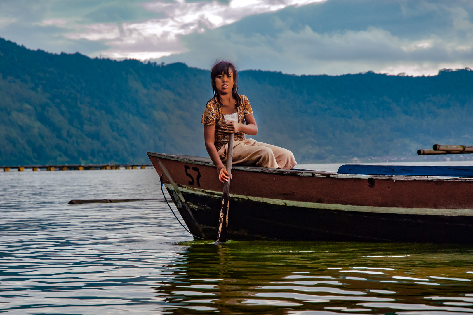 Girl goes fishing on Danau Batur