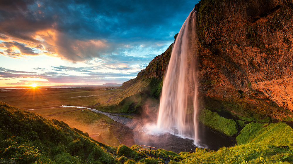 [ ... glowing Seljalandsfoss ]