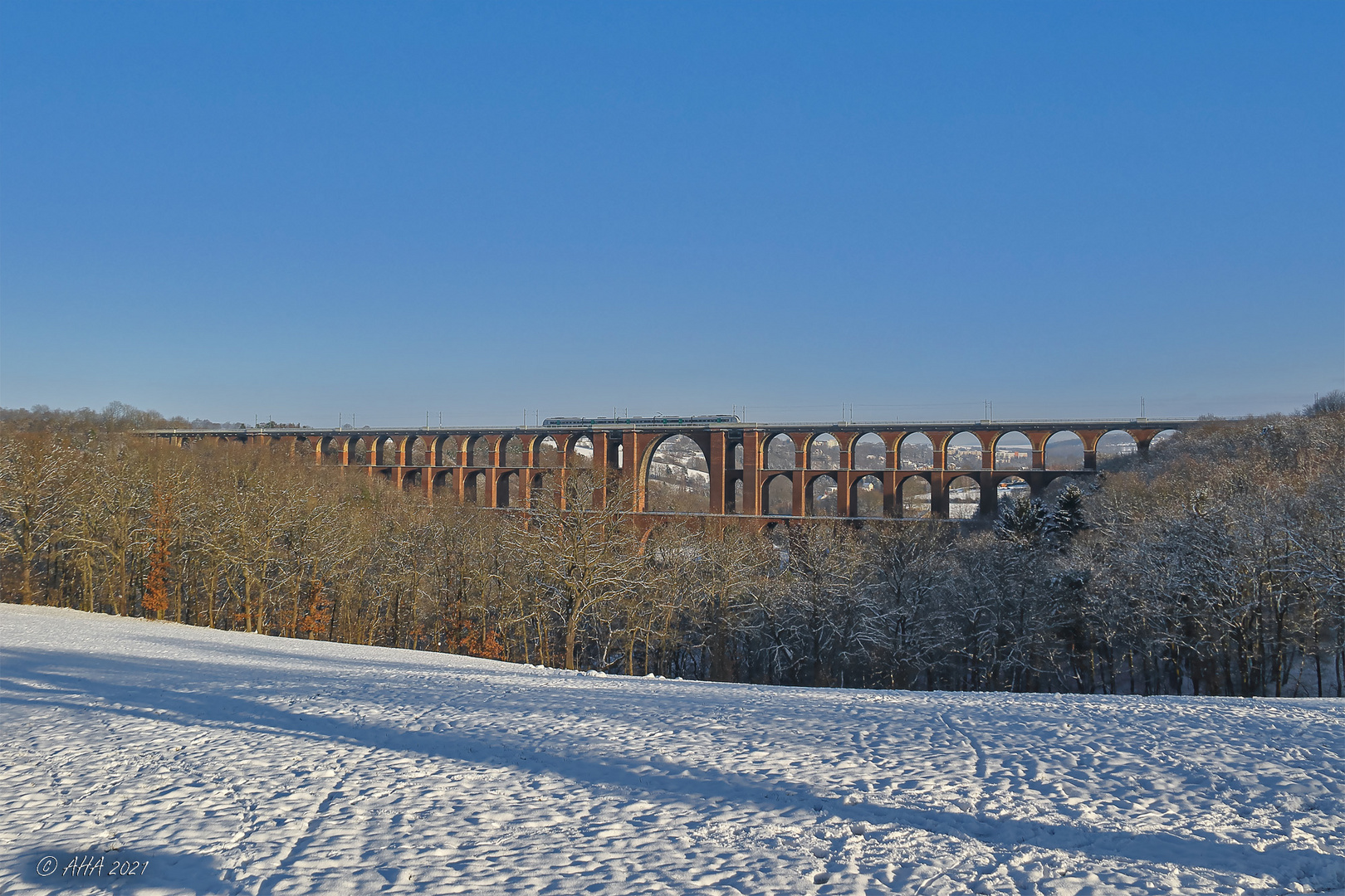 Göltzschtalbrücke mit Schnee und Zug