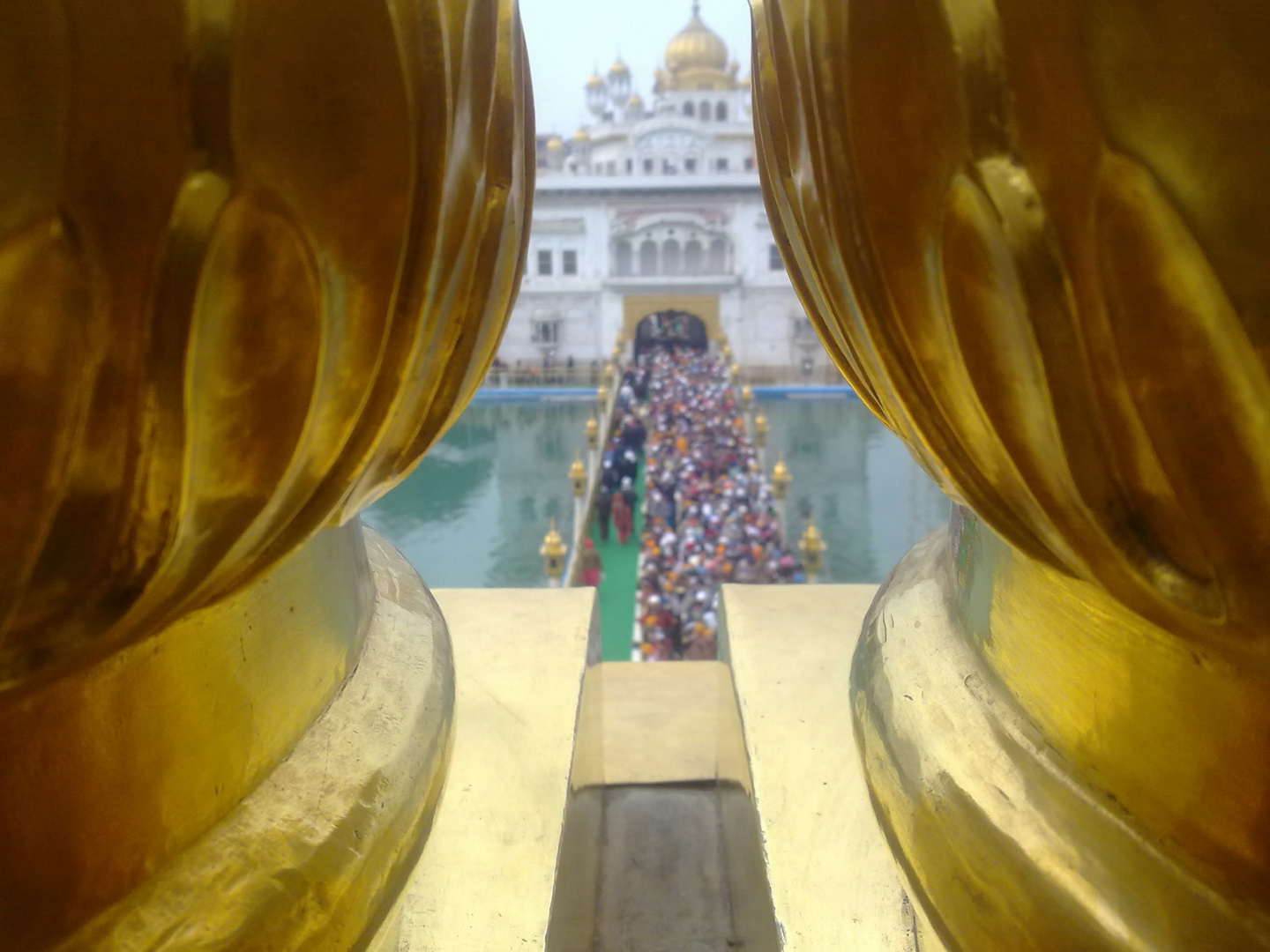 Golden domes. pic from roof of golden temple sangat moving on bridge to golden temple