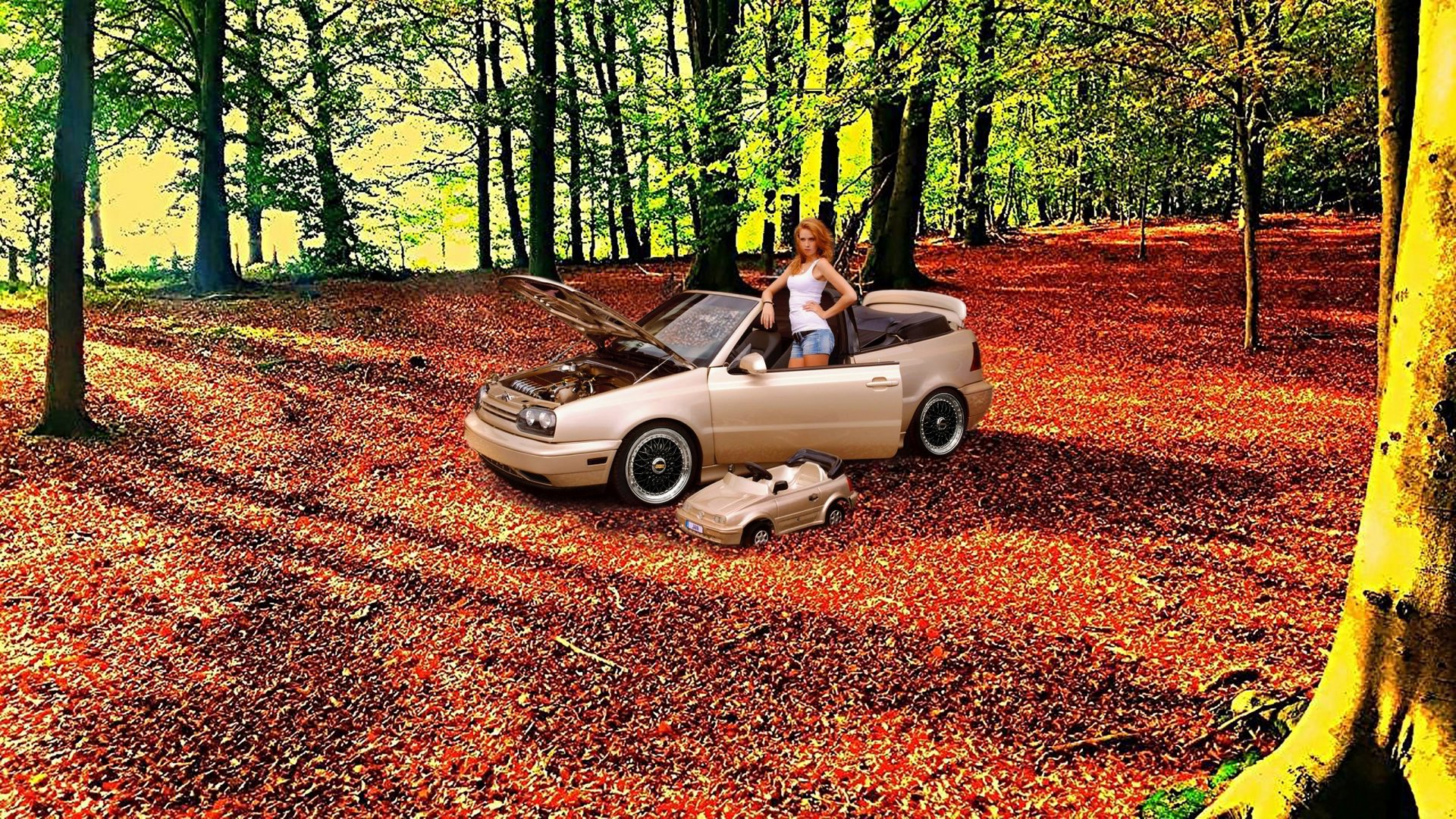 Golf 3 Cabrio im Herbst-Wald (Fake-Foto)