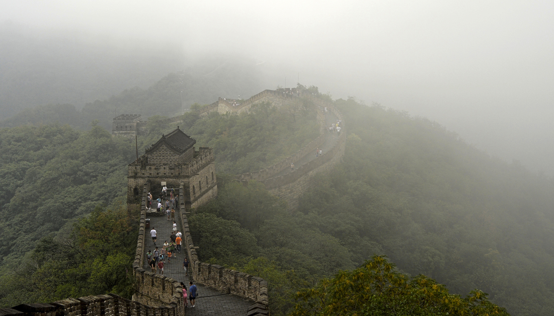 great wall of china, in summer fog