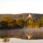 Greifenwarte Burg Guttenberg im Morgenlicht & Neckar im Frühnebel