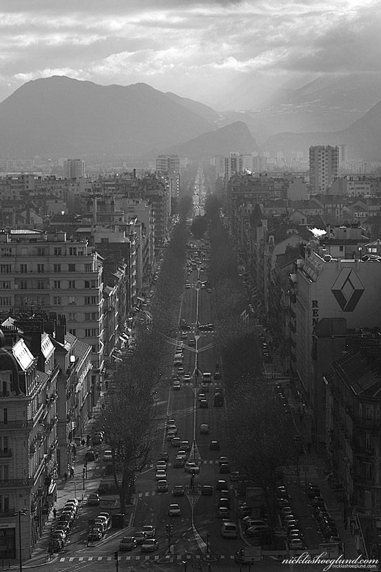 .Grenoble mainstreet on a rainyday in B&W