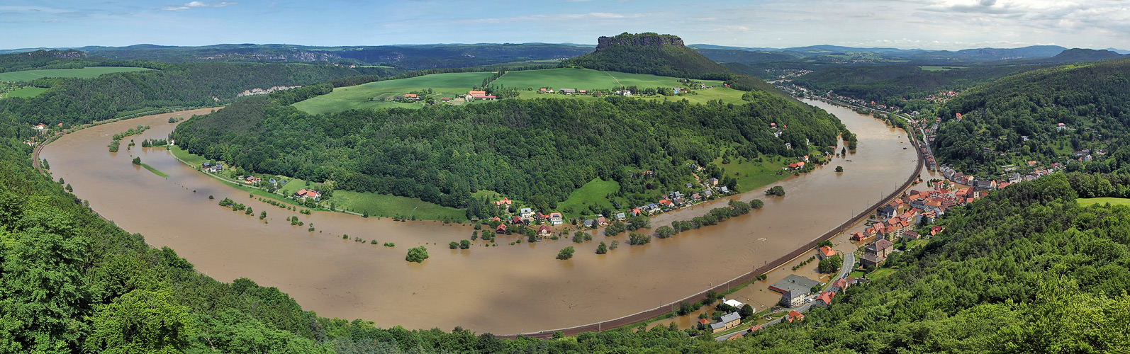 Große Elbeflut in Königstein am 05.06. 13 mit der berühmten Kurve in sphärischer Projektion