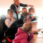 Group portrait in school library.