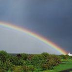 Grünendeich mit Barkasse und Regenbogen.