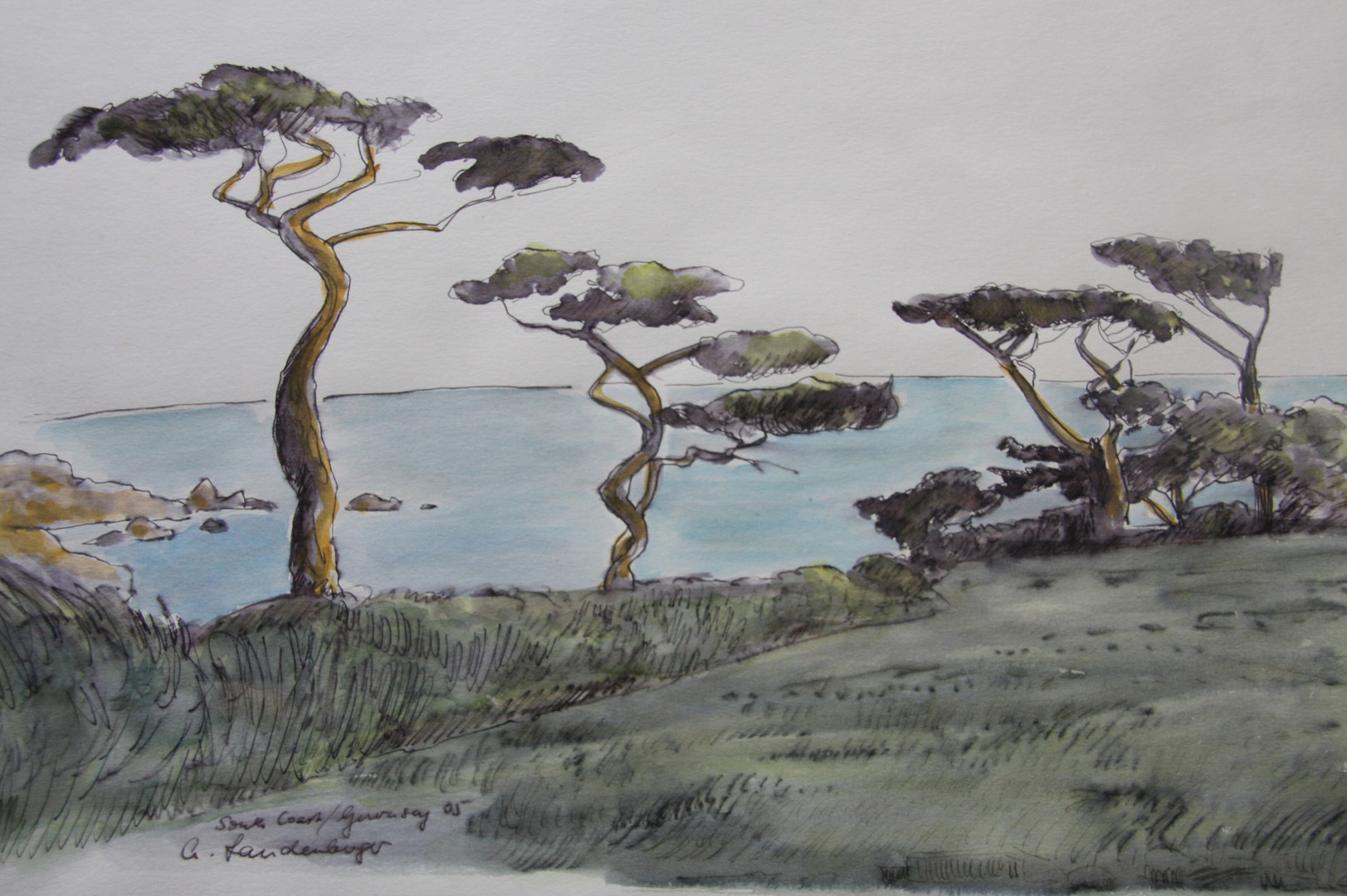 Guernsey, Jerbourg, Victor-Hugo-Blick, aquarellierte Zeichnung, 38x25 cm