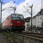 Güterzug auf den Schienen am Rhein