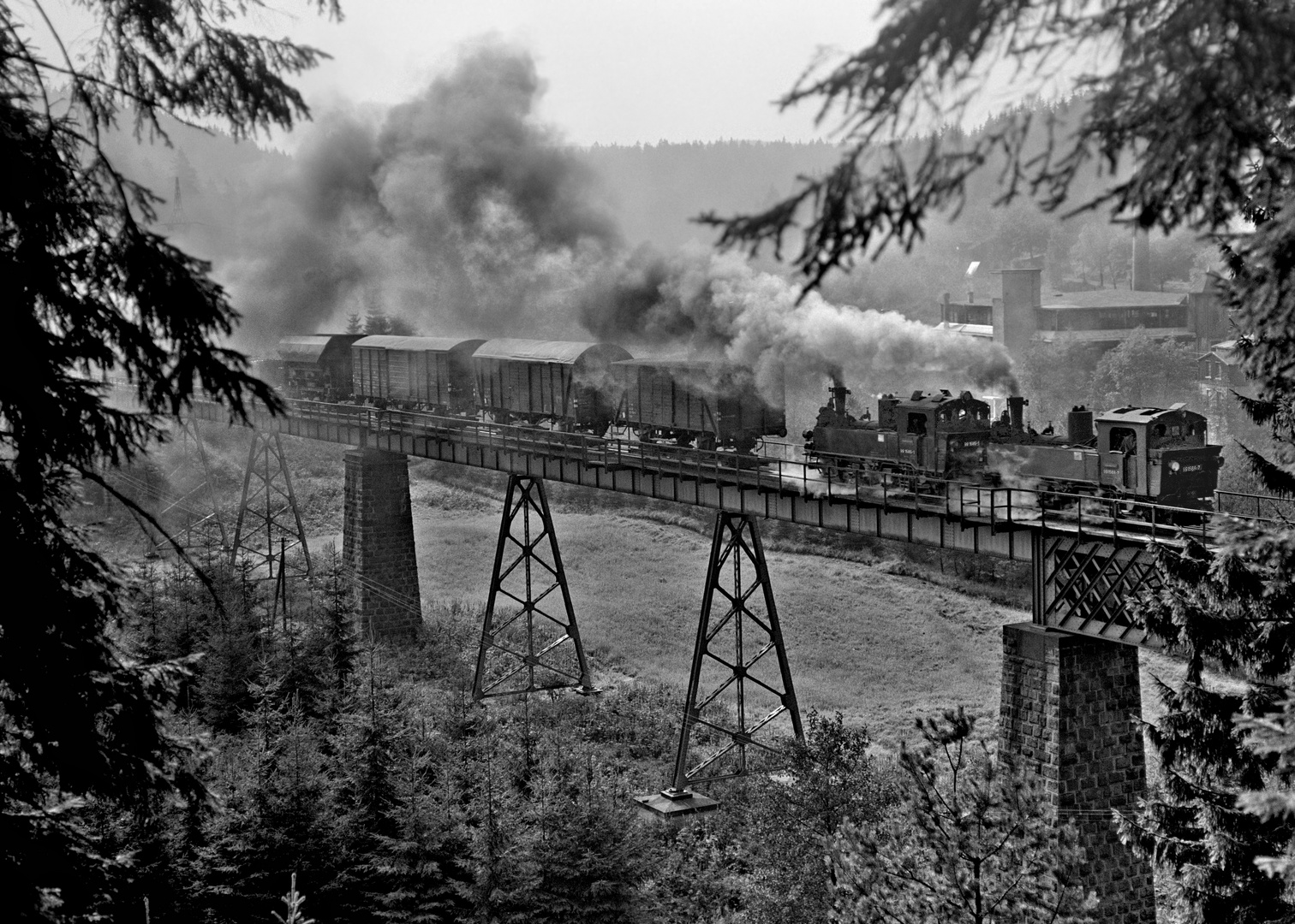 Güterzug mit den Lokomotiven 99 1568 und 99 1585 im Jahre 1975