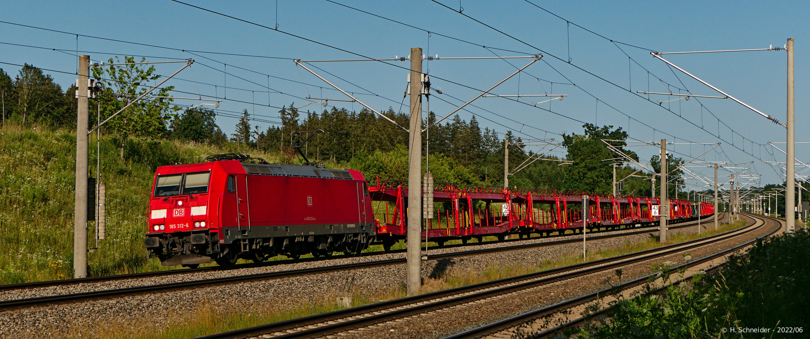 Güterzug unter Stangen-Gewirr