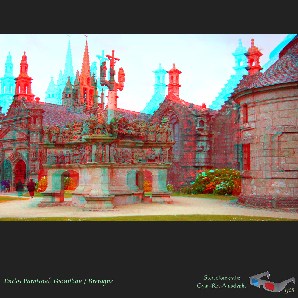 Guimiliau / Bretagne - Enclos Paroissial im Stereofoto / Anaglyphe