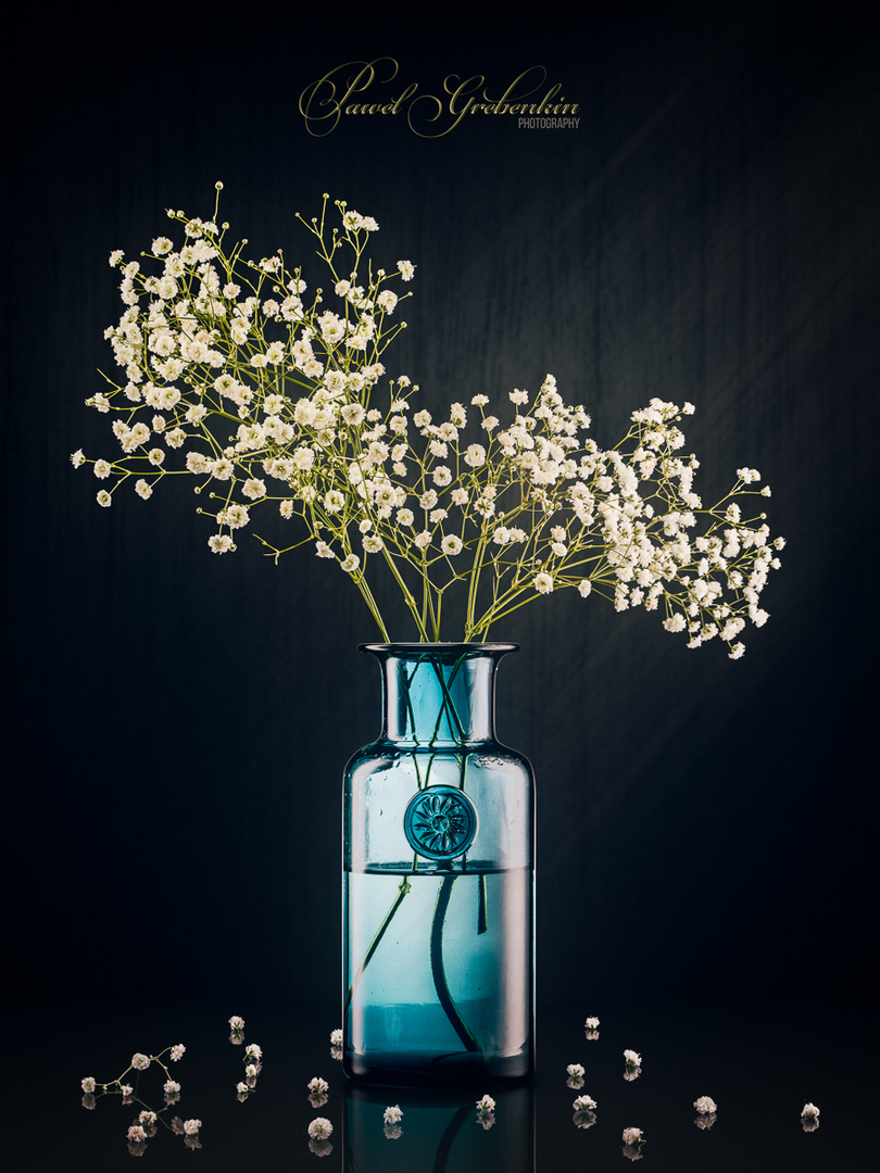 Gypsophila in a blue glass vase