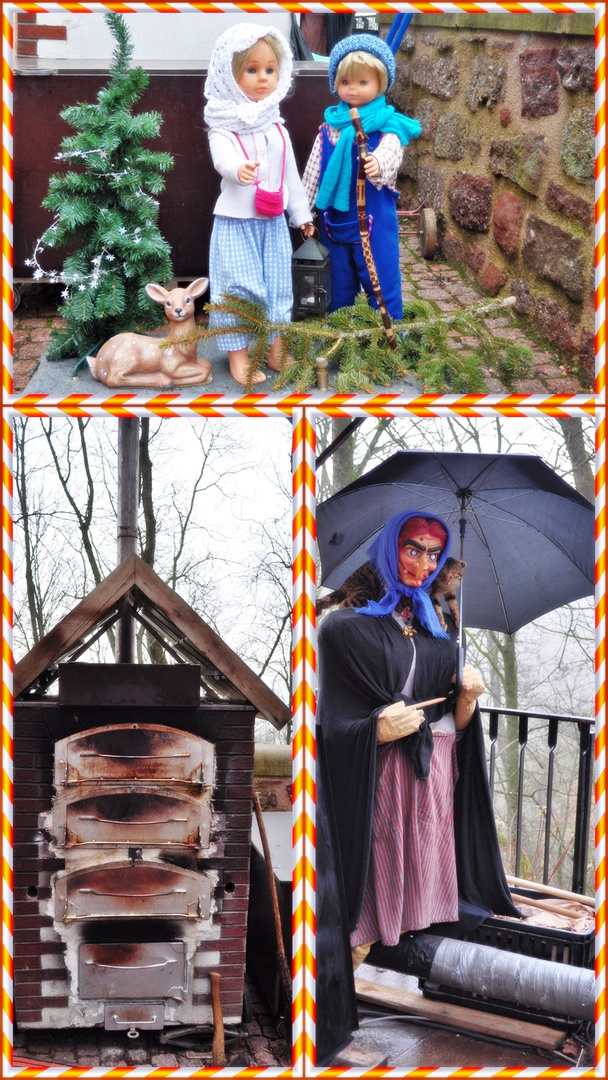 Hänsel und Gretel; Ofen und die böse Hexe mit dem Regenschirm