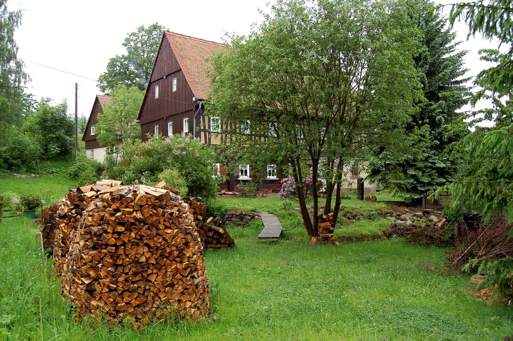 Häuser mit Holzstapeln