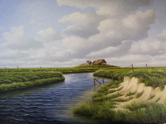 Hallig in Nordfriesland-Öl auf Leinen 50x70cm