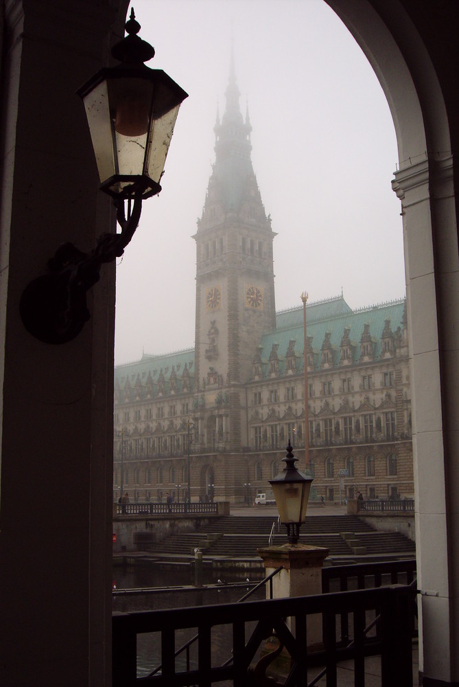 Hamburger Rathaus im Nebel