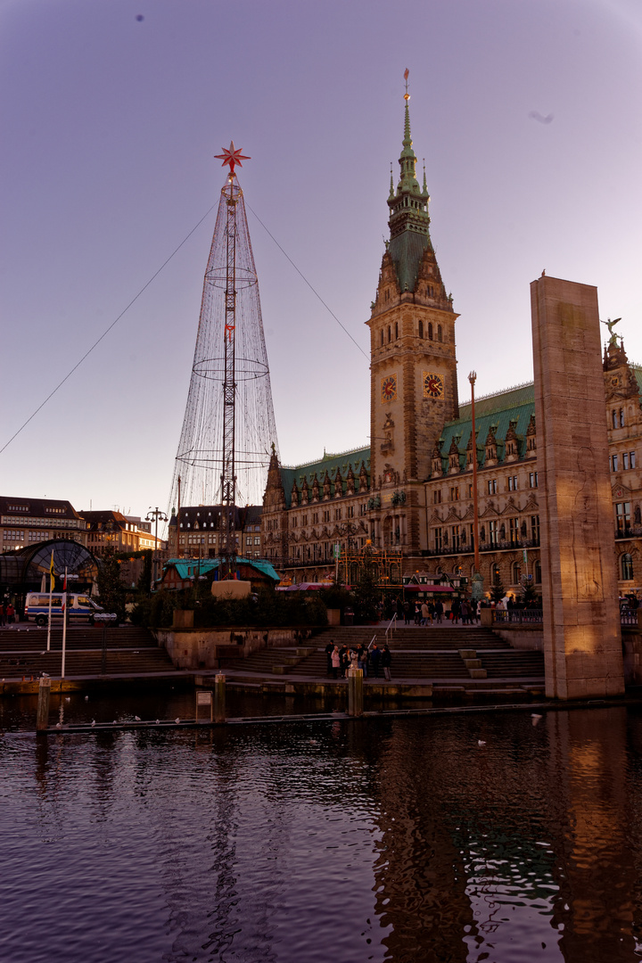 Hamburger Rathaus mit kleinem Ausschnitt vom Weihnachtsmarkt