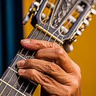 Hand des Gitarrenspieler der Gruppe Trio Caminito