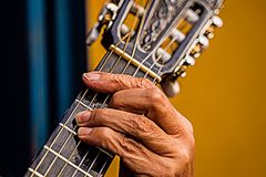 Hand des Gitarrenspieler der Gruppe Trio Caminito