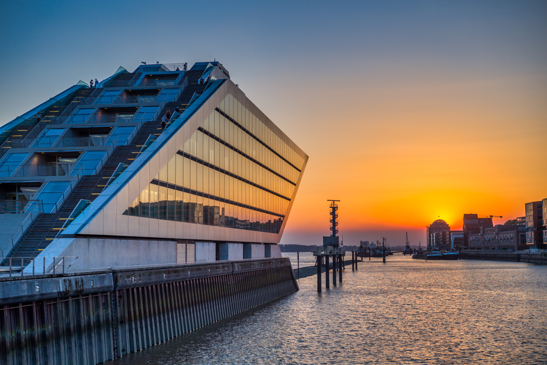 Harbor sunset with Dockland building