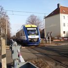 HarzElbeExpress HEX überquert die Straßenbahngleise in Halberstadt